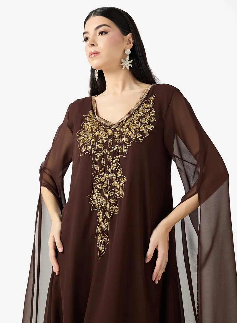 hayas closet  V-Neck Embroidered Neck Flared Sleeve Dress for Women | Best Price UAE